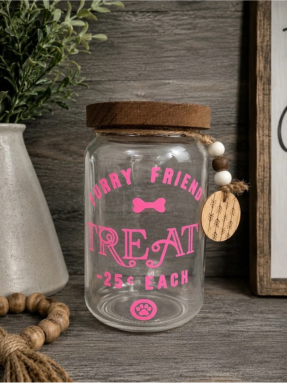 Farmhouse Glass Dog Treat Jar with Wooden Lid | Pink Lettering | Brand New